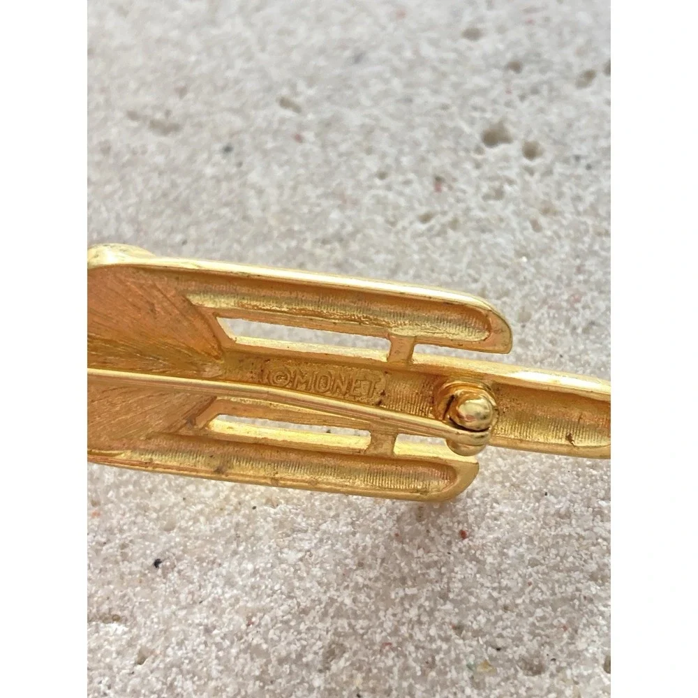 Monet Double Heart Brooch Gold‎ Tone Rhinestone Bar Pin Signed Art Deco Style